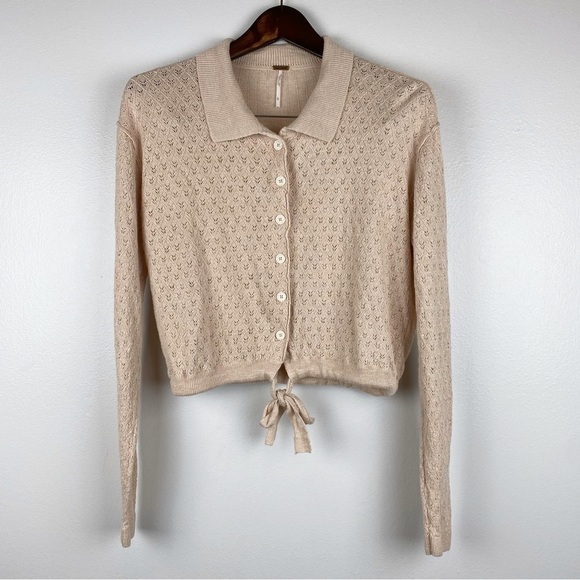 Free People Betty Button Down Tie-Front Pointelle Collared Sweater Size L - Picture 3 of 10